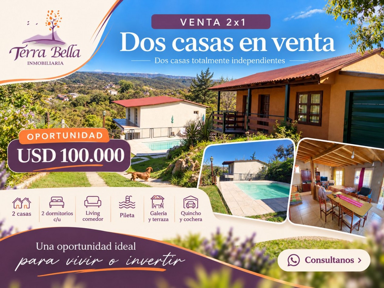 2 CASAS EN VENTA EN MISMO TERRENIO CON PILETA, QUINCHO, COCHERA, GALERIA! 